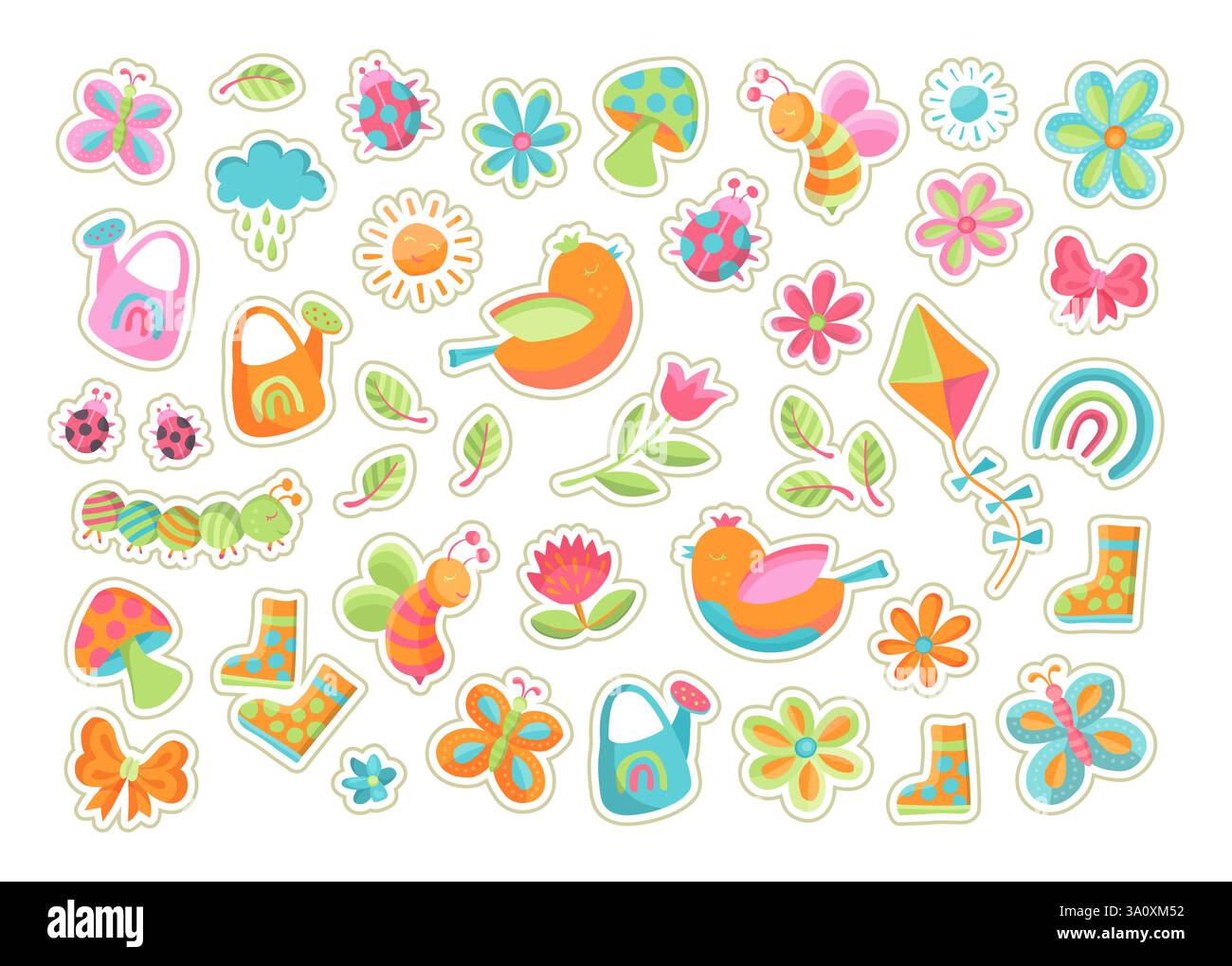 Bunte niedliche Frühlingsaufkleber mit Outline-Strichen, Sommer-isolierte Illustrationen mit Bienen, Blumen, Schmetterlingen und Kites in verspieltem Stil Stock Vektor