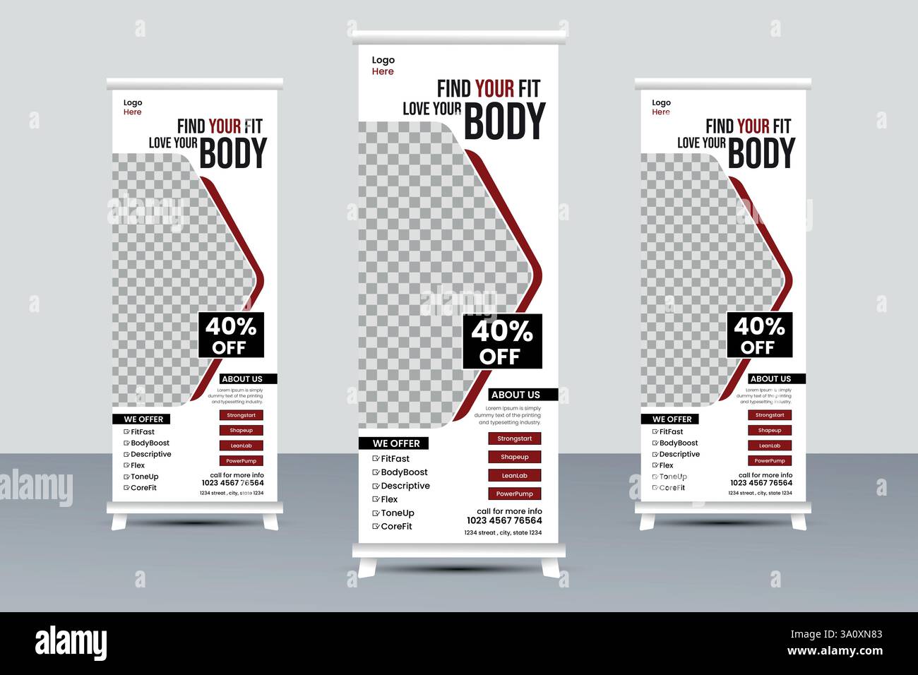 Moderne Creative Fitness Gym Roll-Up Pull-up Standfuß X-Banner Signage Design Vorlage für Business Promotion, trendige Bodybuilding-Anzeigen Stock Vektor