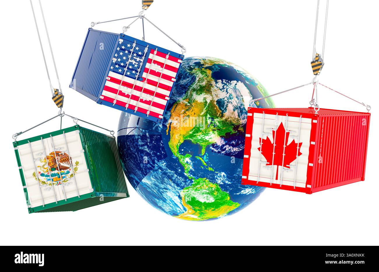 Handelsabkommen zwischen den Vereinigten Staaten von Amerika, den Vereinigten Mexikanischen Staaten und Kanada NAFTA. Erdkugel mit Frachtcontainern mit kanadischen, Stockfoto