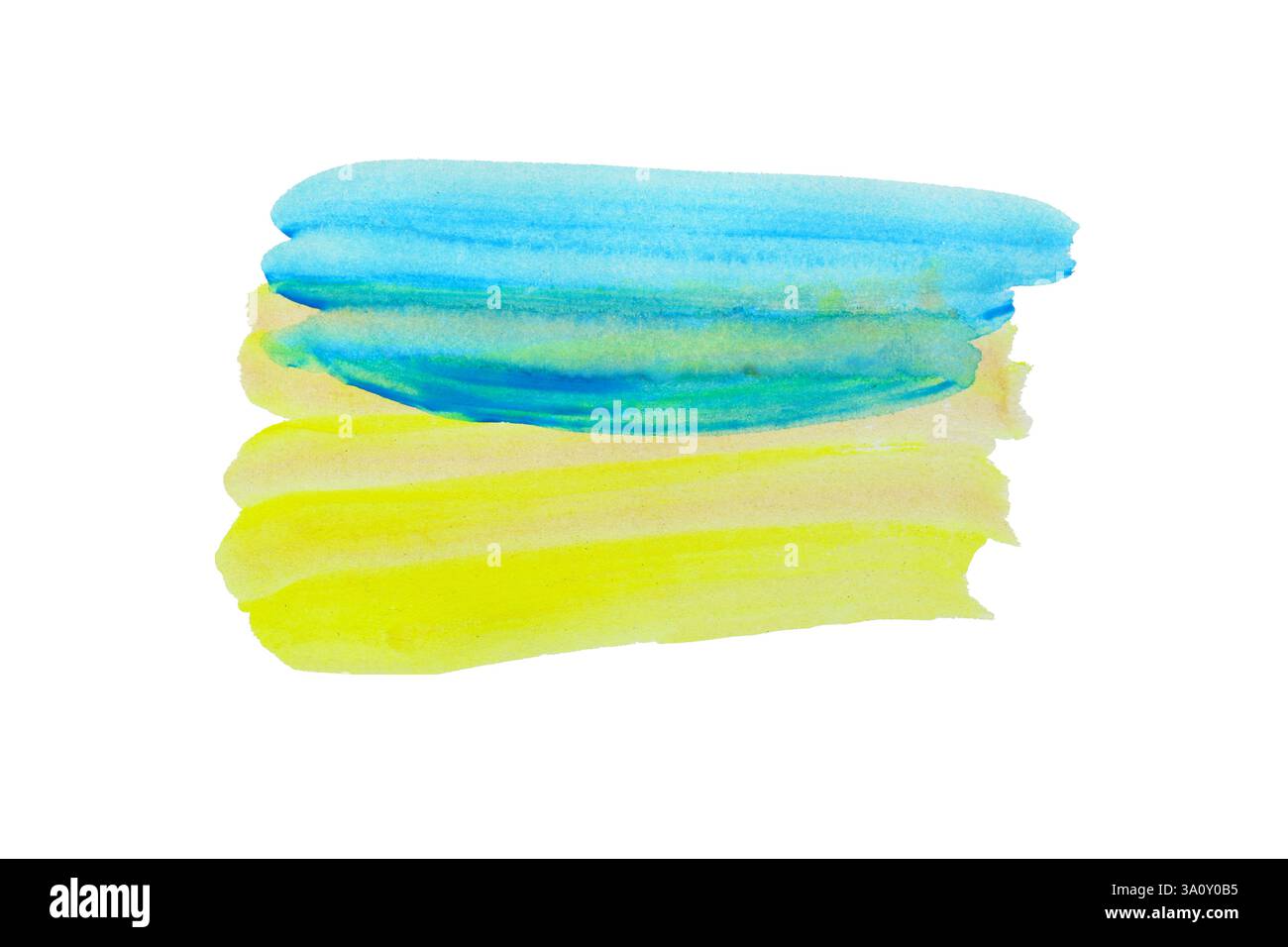 Gelber, gemischter blauer Pinsel, isoliert auf weißem Hintergrund und mit Beschneidungspfaden. Stockfoto