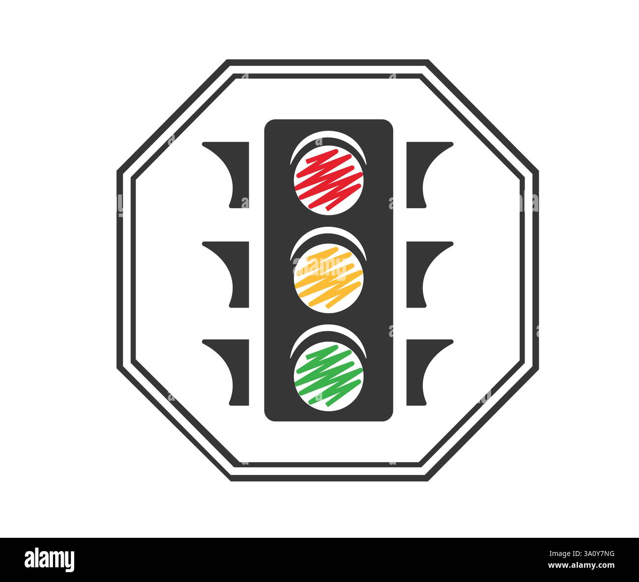 Ampelzeichen Symbol Clipart. Rotes, gelbes, grünes Ampelsymbol mit farbigen handgezeichneten Lichtern in schwarzem Achteck für die Autobahn Stock Vektor