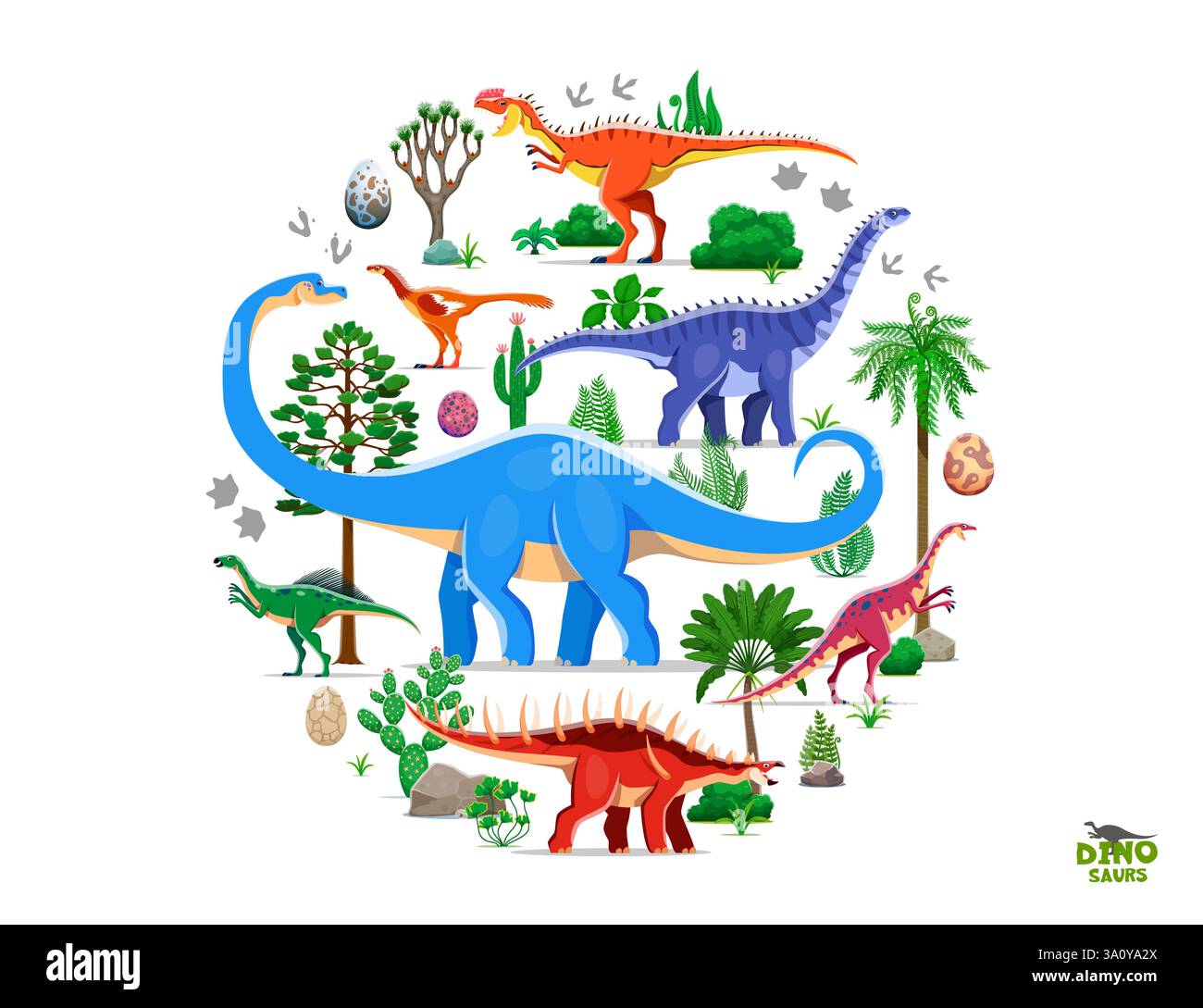 Cartoon prähistorische Dinosaurierfiguren, Dino-Eier, Bäume und Pflanzen Vektor-Rundposter. Lustige jurassische Dinosauriertiere kreisen mit monolophosaurus, Stock Vektor