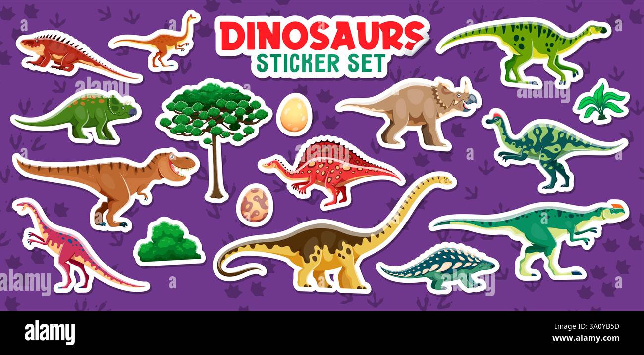 Cartoon prähistorische Dinosaurier Aufkleber Pack, Vektor Dino Zeichen, Eier und Pflanzen. Witziger jurassischer tyrannosaurus rex, Shansisuchus, Nodosaurus und A Stock Vektor