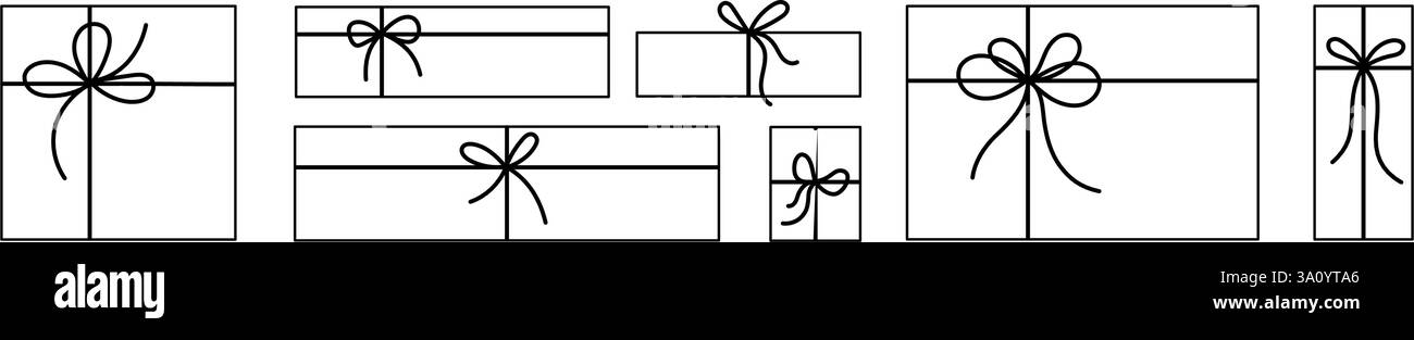 Geschenkband, Geschenkbox-Set. Handgezeichneter Vektorstrich mit dünnen Linien. Weiße Kontursymbole für das Weihnachtsdesign. Doodle festlich, Geburtstagspaket Dekoration. Speziell Stock Vektor