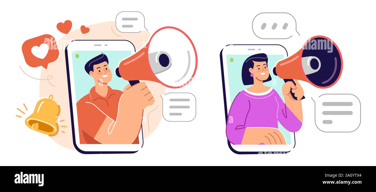 Internet-Marketing, um das Publikum aus sozialen Medien zu gewinnen. Blogger mit Megaphon-Werbekampagne Stock Vektor
