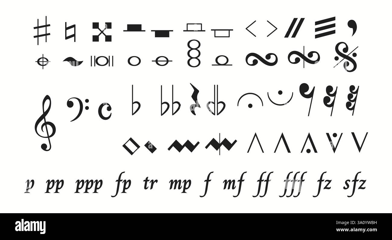 Eine Reihe musikalischer Notenzeichen, einschließlich dynamischer Markierungen und clefs. Diese Symbole stehen für Tonhöhe, Rhythmus, Tempo, Dynamik, die von Musikern verwendet wird Stock Vektor