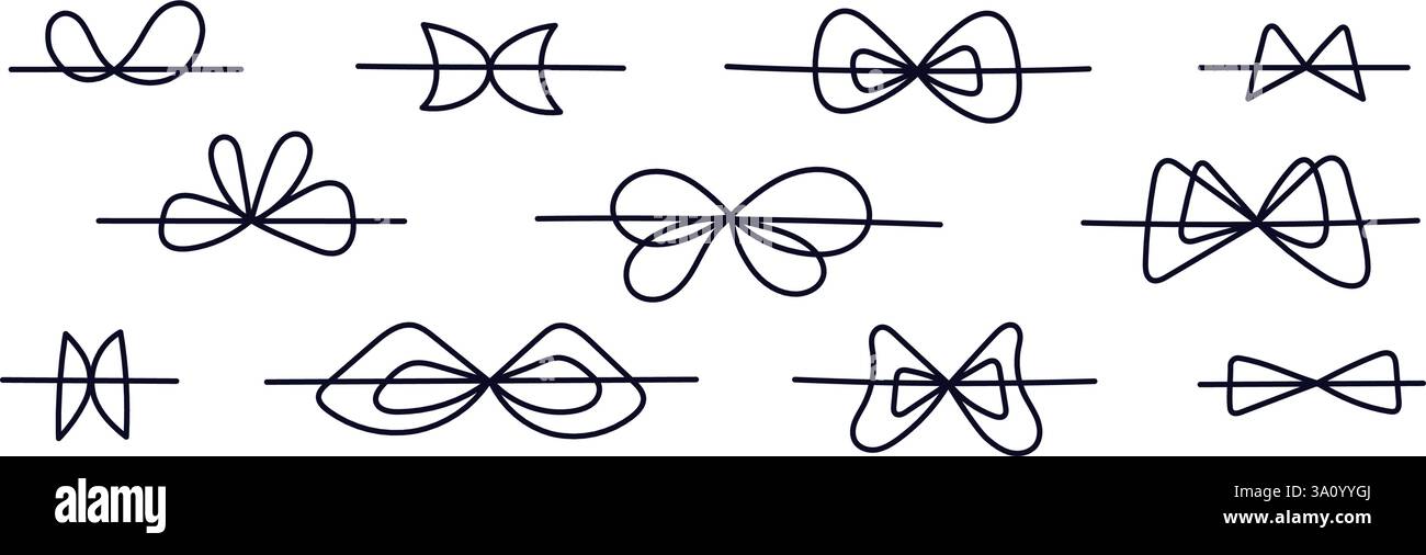 Symbole für Bindebänder. Feiern und feiern. Herrenmode. Minimaler Satz. Konturband im Skizzenstil. Handgezeichneter Kritzelschlag isoliert. Vektorillus Stock Vektor