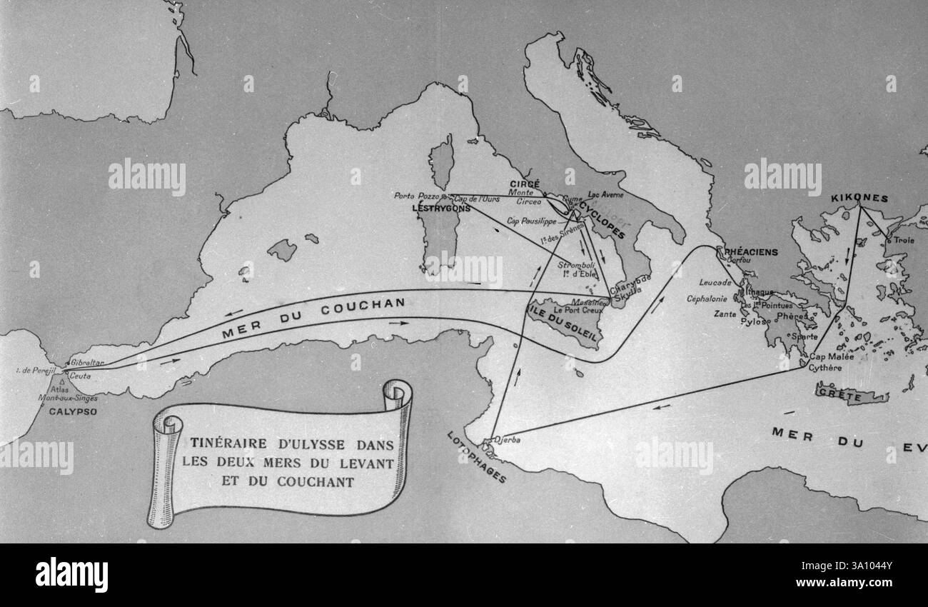 Odysseus' Reiseroute zwischen den beiden Meeren im Osten und Westen, Illustration, Frankreich 1900er Jahre Stockfoto