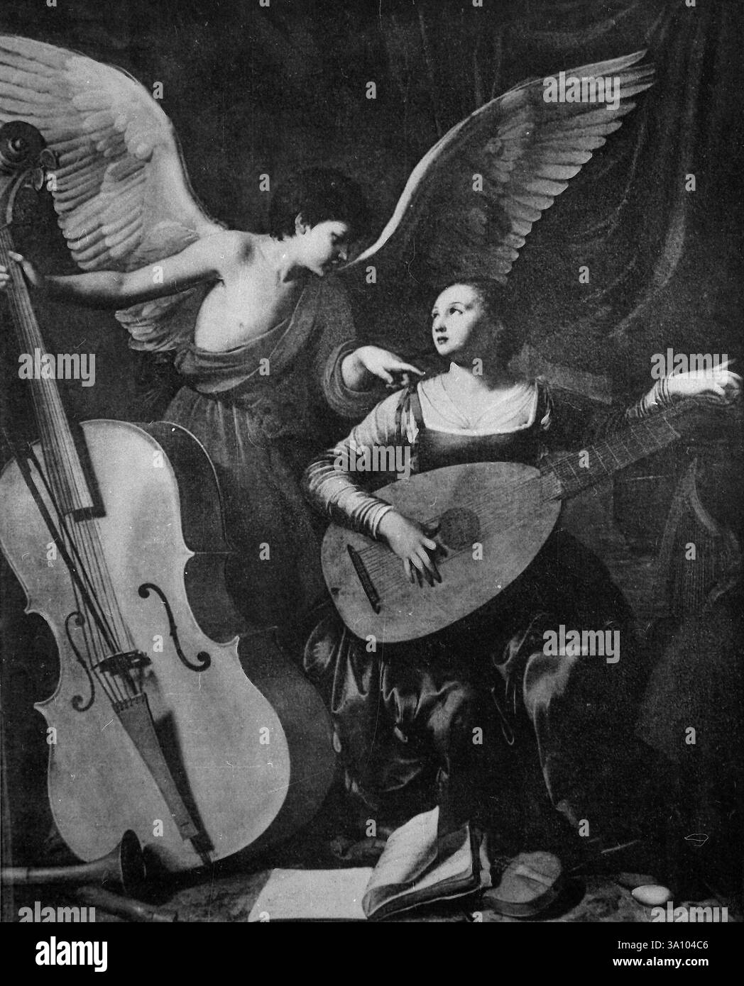 Saint Cecile spielt die Laute und der Engel das Violoncello, Gemälde des italienischen Künstlers Carlo Bononi, 1600er Jahre Stockfoto