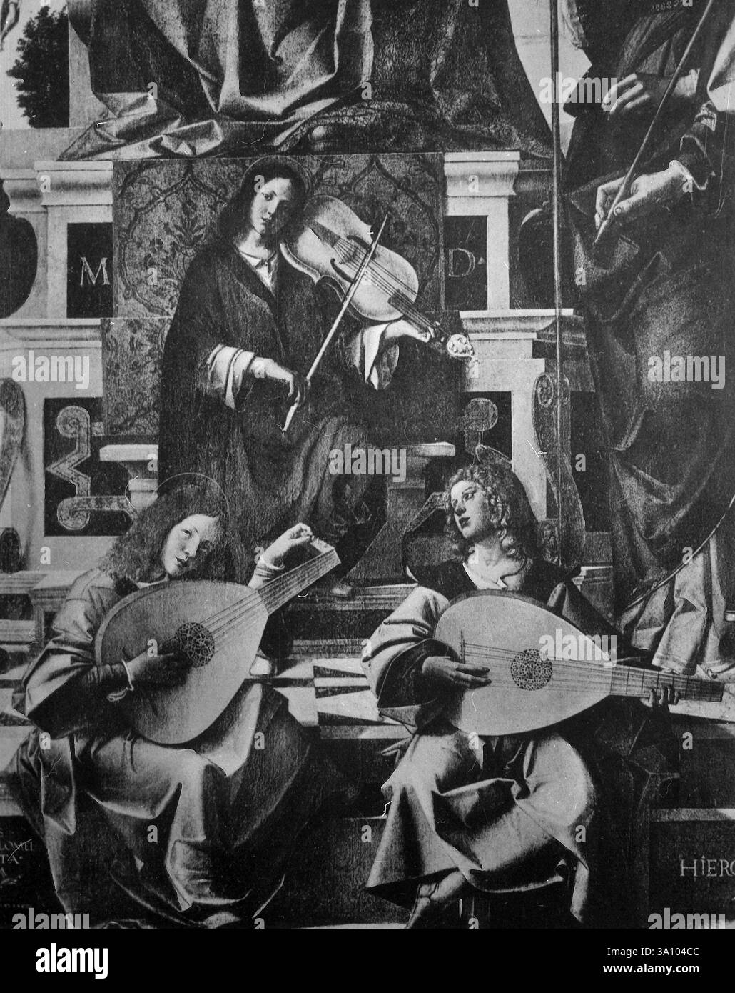 Thronende Madonna mit Heiligen, Detail der Engel, die Leier und Laute spielen, Gemälde des italienischen Künstlers Bartrolomeo Montagna, 1500er Jahre Stockfoto