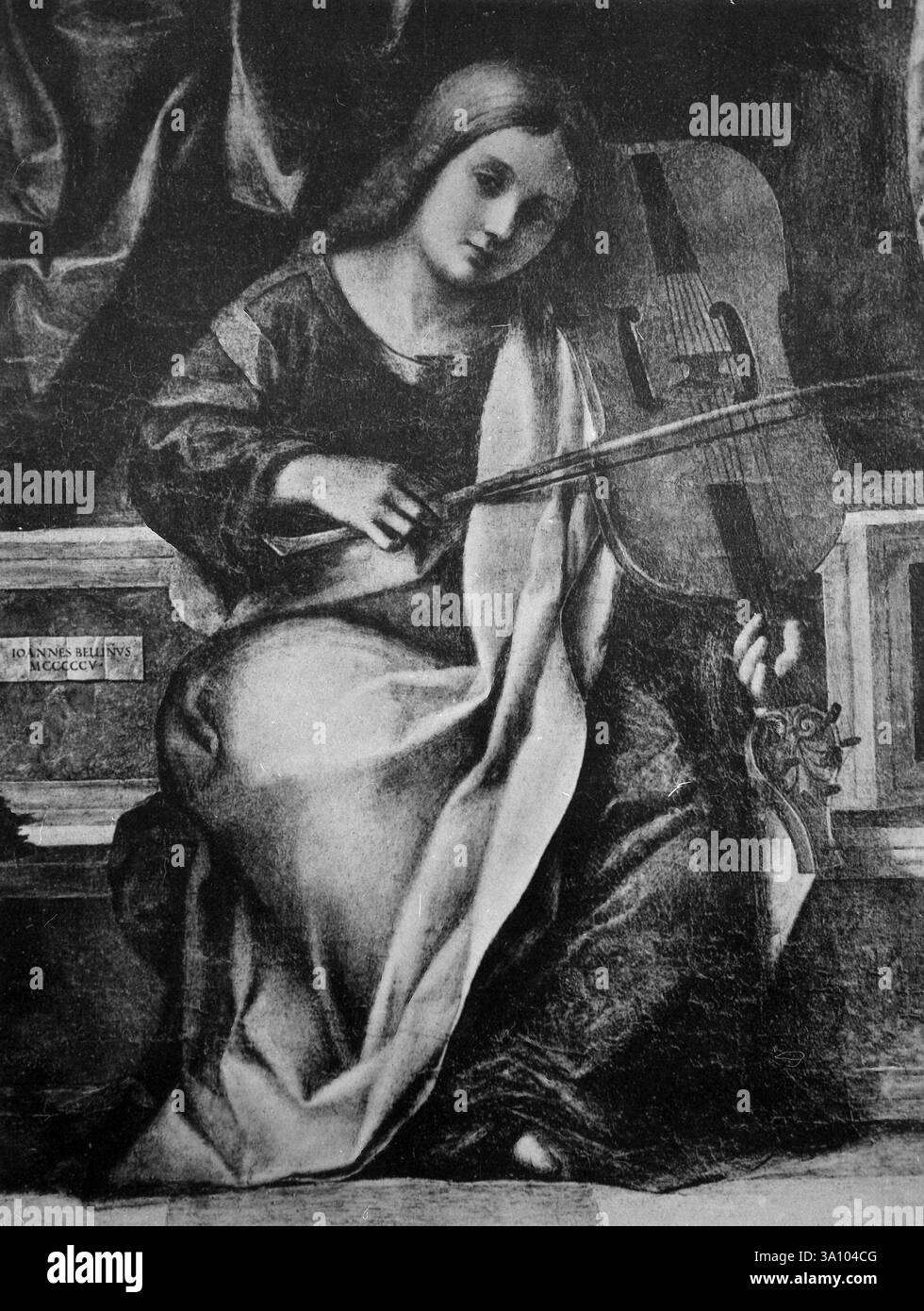 Thronende Madonna mit Heiligen, Detail des Engels, der die Leier spielt, Gemälde des italienischen Künstlers Giovanni Bellini, 1500er Jahre Stockfoto