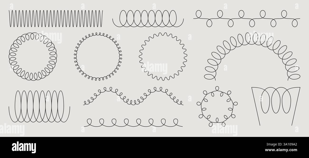 Federspulenformen – Zickzacklinien, Spiralkreise, geschwungene Schlaufen. Minimale schwarze Umrissmuster, die mechanische Flexibilität zeigen. Verschiedene Spannungsformen von engen, kompakten bis hin zu lockeren, abgerundeten Ausführungen. Stock Vektor