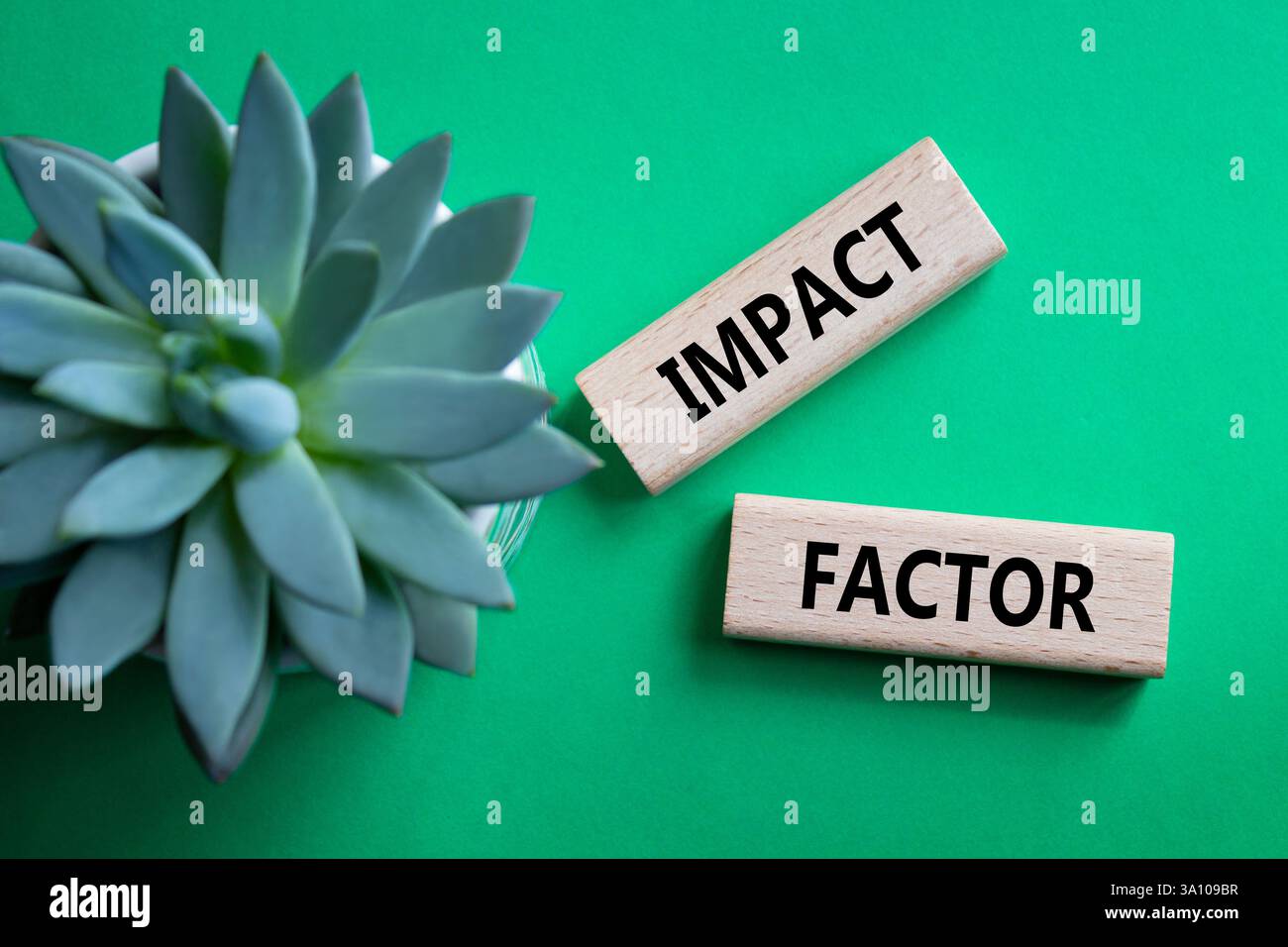 Symbol für Aufprallfaktor. Holzblöcke mit den Worten Impact Factor. Schöner grüner Hintergrund mit saftiger Pflanze. Business and Impact Factor Konzept. Cop Stockfoto