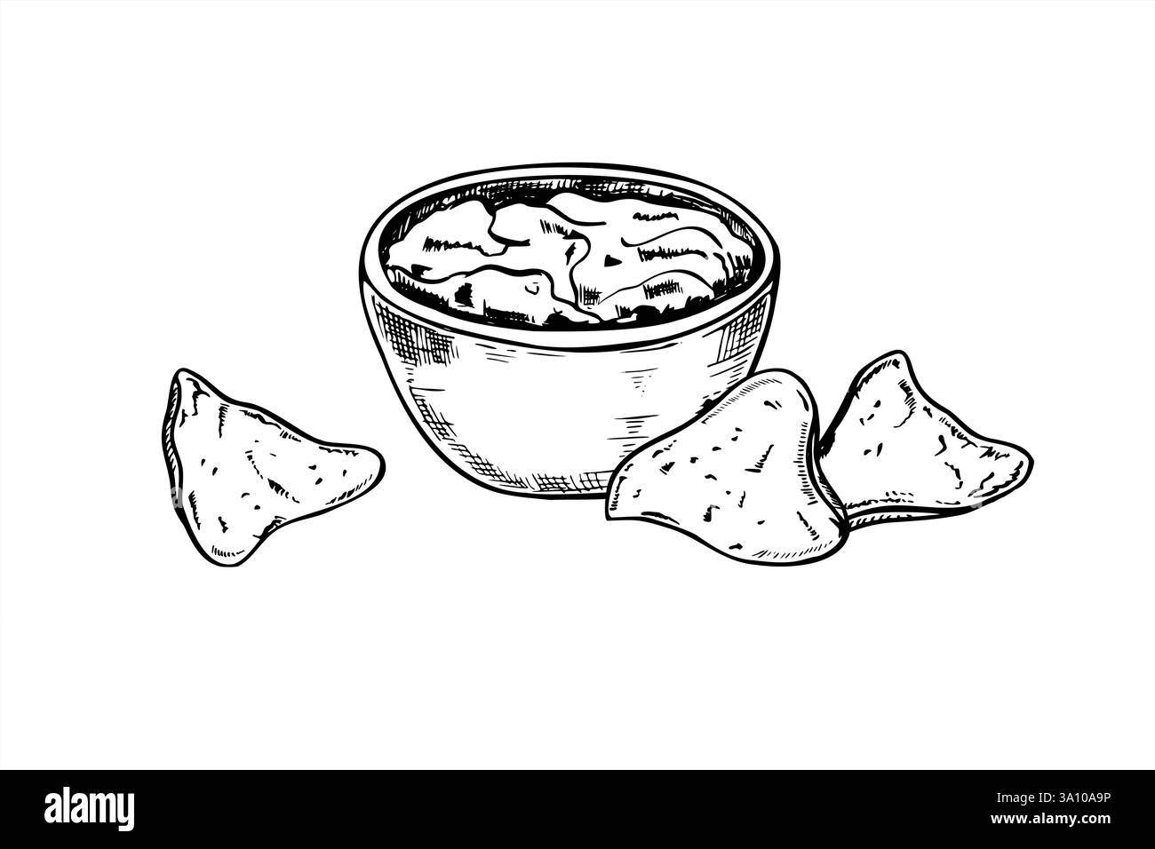 Nachos und Salsa Soße Schüssel Vektor handgezeichnet realistische grafische Skizze Illustration. Traditionelle mexikanische Maischips mit Guacamole-Dip. Stock Vektor