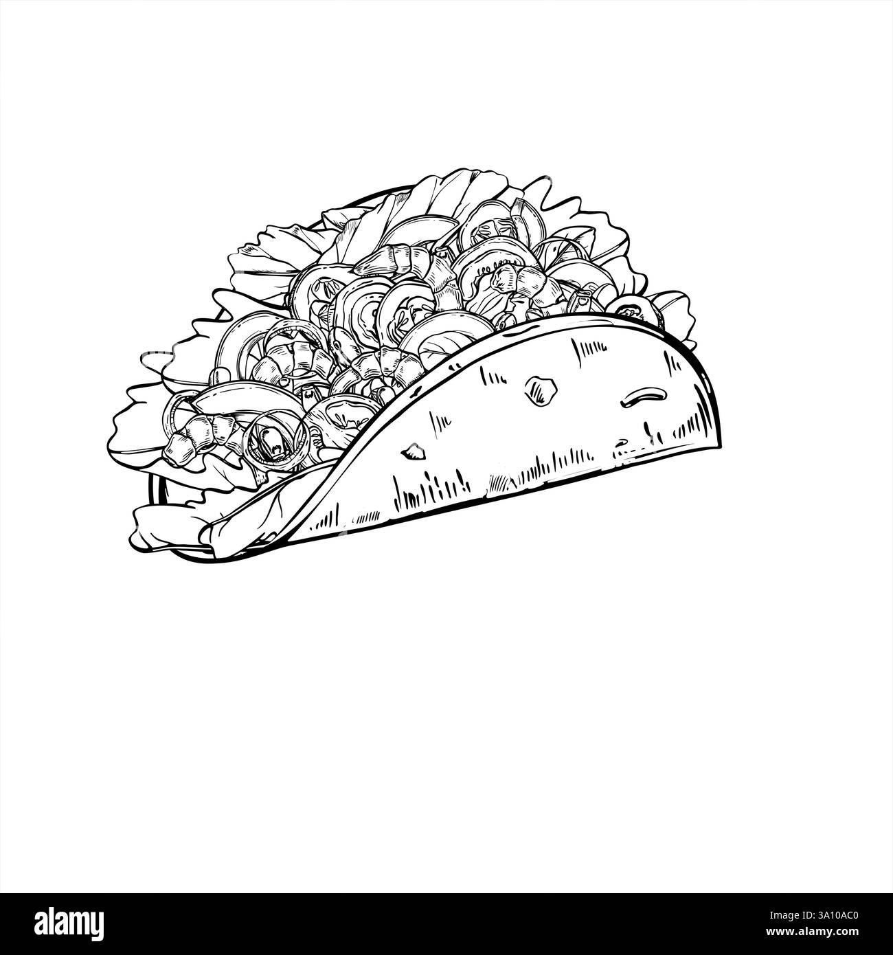 Tacos Füllung mit Gemüse, Garnelen, Salatblätter Vektor Illustration in schwarz und weiß. Maistortilla Wickel Essensätzzeichnung. Stock Vektor