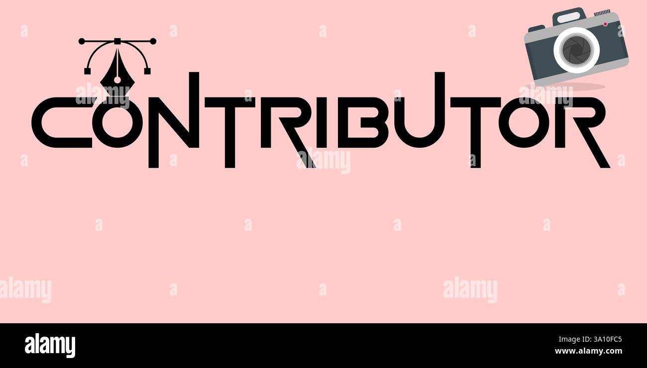 Ein modernes und minimalistisches Vektor-basiertes Design mit dem Wort „CONTRIBUTOR“ und einer Mischung aus grafischem Design und fotografischen Elementen. Stockfoto