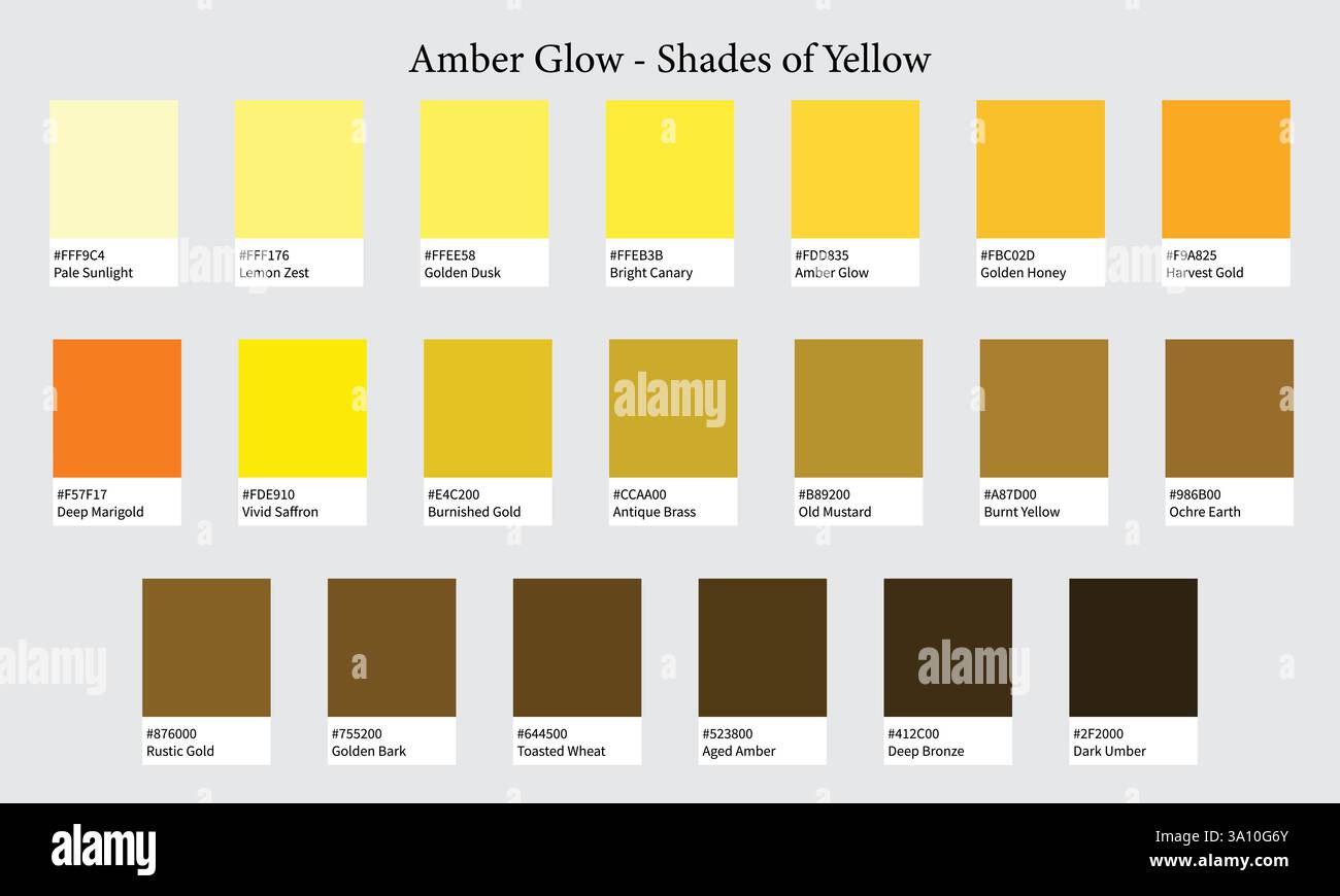 Farbpaletten 20 Gelbschattierungen – helle, warme, goldene, fröhliche Farben – mit HEXADEZIMALCODES und Namen, Farbfeldern und Kombinationen Stock Vektor