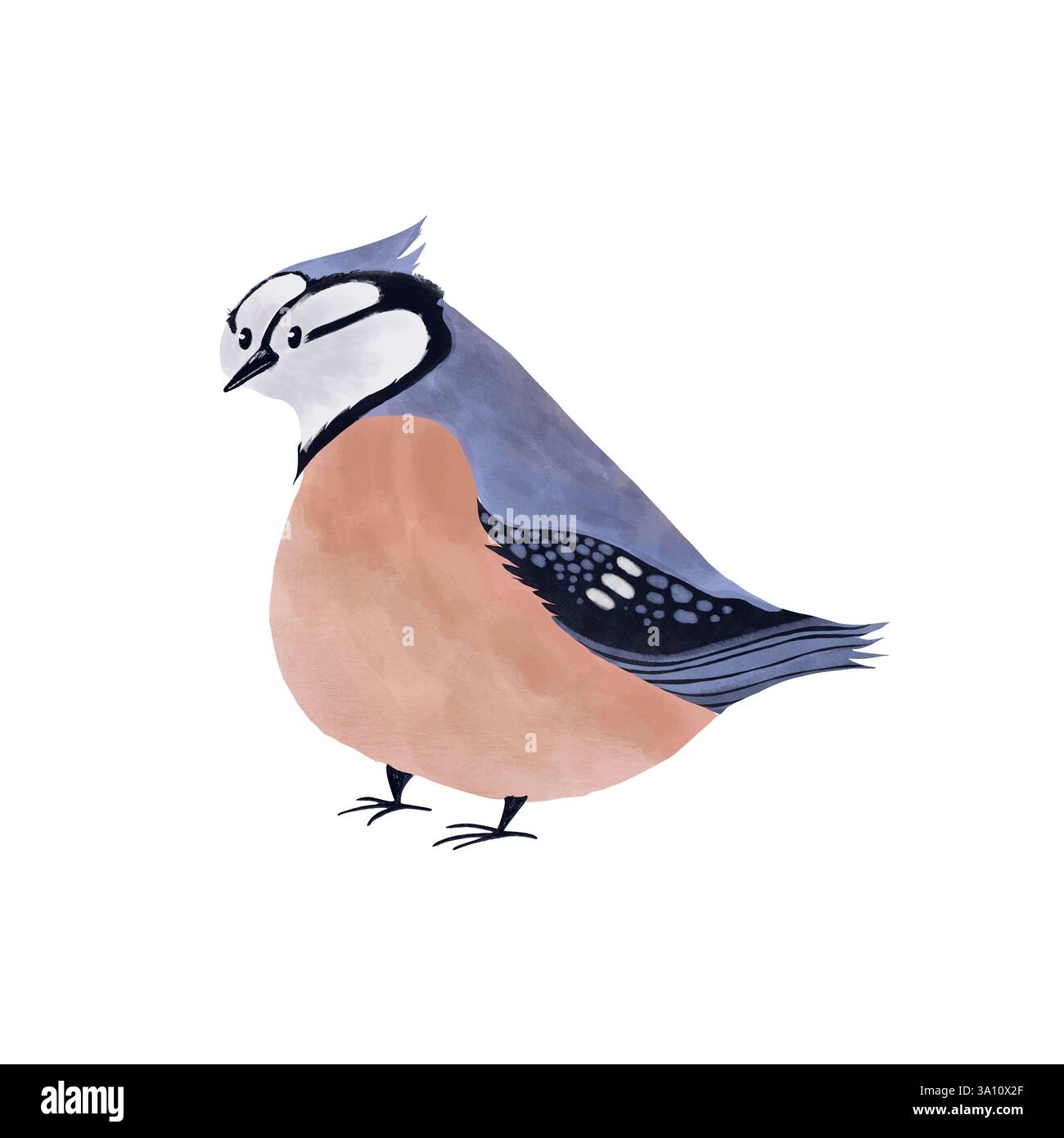 Handgezeichnete Aquarellillustration eines niedlichen blauen Vogels mit Flecken. Weiche Texturen und ein charmanter Kinderbuchstil sorgen für ein skurriles, gemütliches Gefühl. P Stockfoto