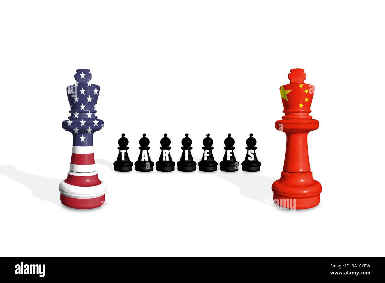 Schach aus US- und China-Flaggen auf weißem Hintergrund mit WORTZÖLLEN Stockfoto