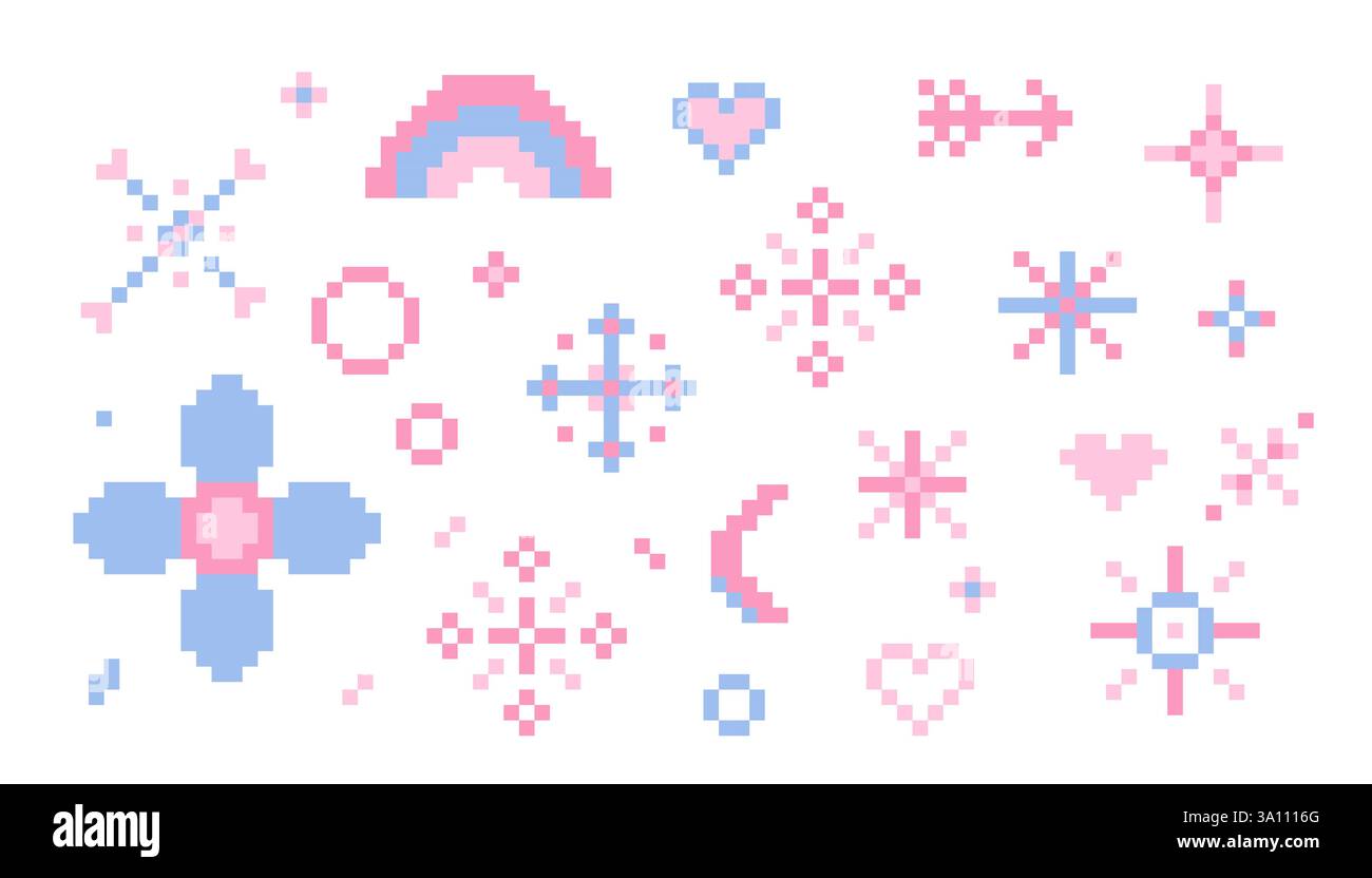 Pixel Star Glitzer niedliches Retro 8 Bit Glitzer Set. Glänzend pinkfarbenes Pixel-Kunsteffekt-Set. Feuerwerk geplatzt, Pfeil, Raumdekoration. Ästhetik der 90er Jahre, y2k. Vektorabbildung Stock Vektor
