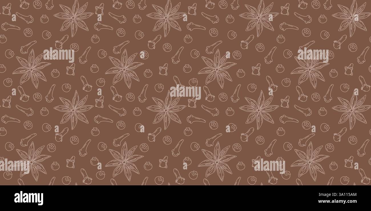 Freehand Star Anis, Nelke Dry und Allspices Seamless Pattern Licht auf dunkelbraunen Glühweingewürzen. Isolierte Vektor Illustration Hintergrundbild, Verpackung Thematische Karte oder Web Promo Banner, Faltblatt, Etikett Stock Vektor