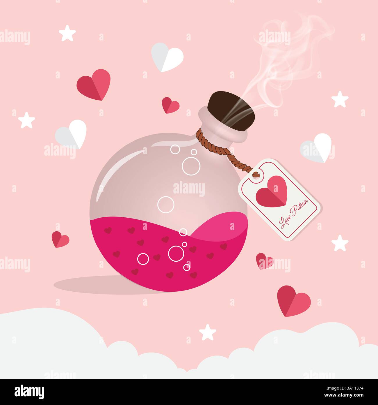 Illustration einer Glastränkflasche gefüllt mit einer leuchtenden rosa Flüssigkeit, die mit winzigen Herzmustern verziert ist. Die Flasche ist mit einem Kork versiegelt. Stock Vektor