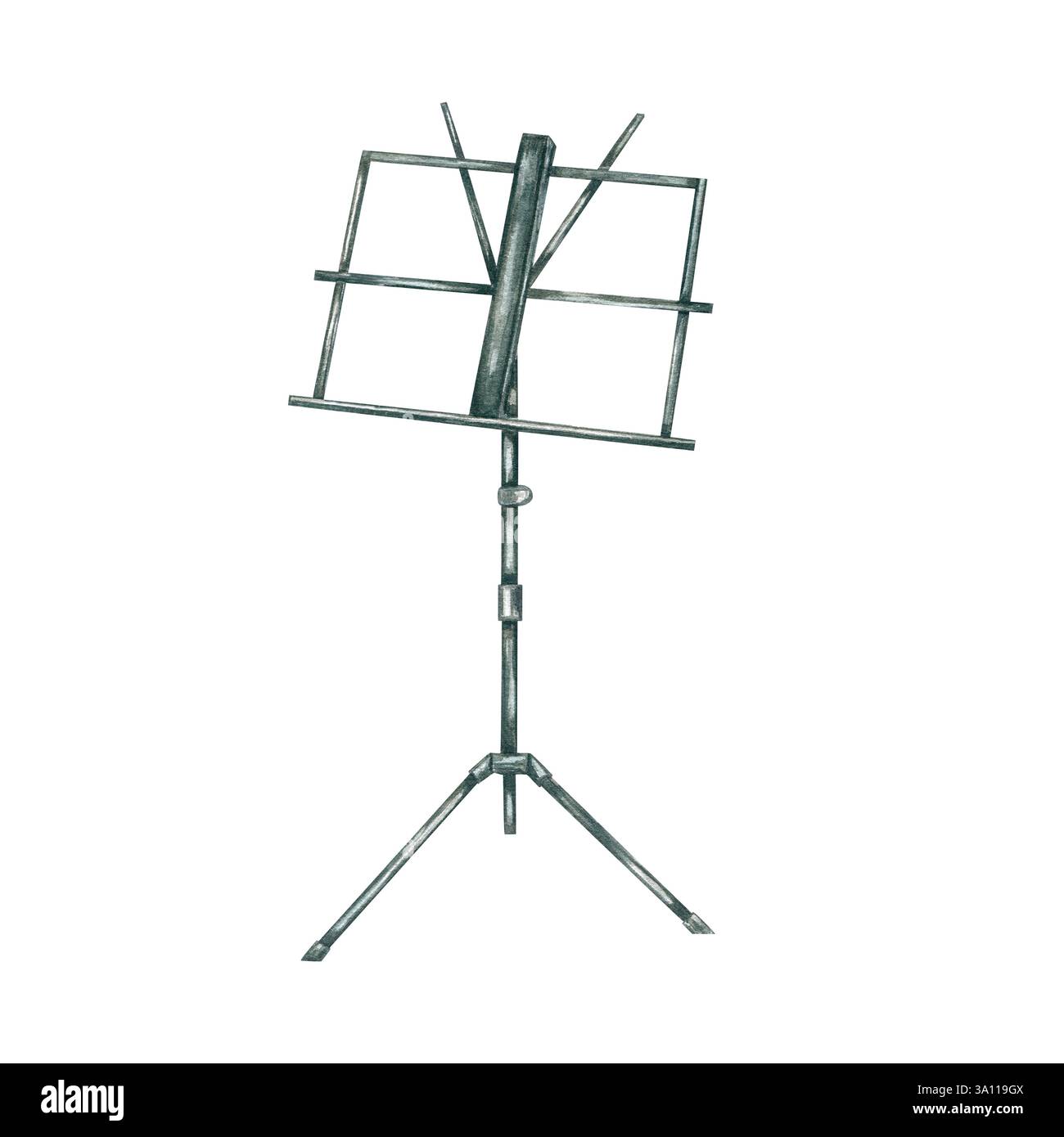 Musik Black Metal Stand Aquarellillustration isolierter Hintergrund. Notizbuch auf verstellbarem Stativhalter handgemalte Skizze. Orchesterpult Stockfoto