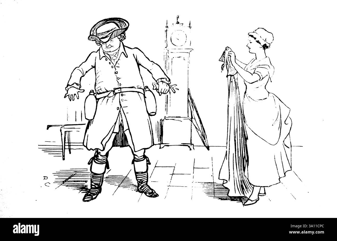 R. Caldecotts Sammlung von Bildern und Liedern von Caldecott, Randolph, 1846–1886, John Gilpin wurde als Thema in einer bekannten Comic-Ballade von William Cowper aus dem Jahr 1782 mit dem Titel The Diverting History of John Gilpin vorgestellt. Cowper hatte die Geschichte von seiner Freundin Lady Austen gehört. Gilpin war ein wohlhabender Draper aus Cheapside in London, der Land in Olney, Buckinghamshire, in der Nähe von Cowper lebte, besaß. Es ist wahrscheinlich, dass er ein Mr. Beyer war, ein Leinendraper der Cheapside Ecke der Paternoster Row.[1] das Gedicht erzählt, wie Gilpin und seine Frau und seine Kinder während einer Reise nach Paternoster Row getrennt wurden Stockfoto
