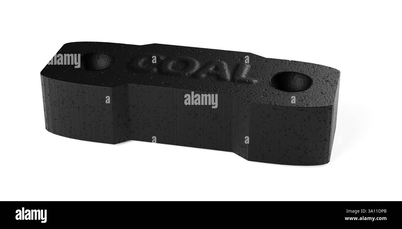Einzelnes schwarzes Kohlebrikett oder Brikett über weißem Hintergrund, 3D-Illustration Stockfoto