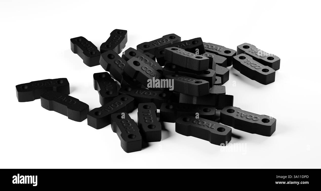 Haufen von Schwarzkohlebriketts oder Briketts über weißem Hintergrund, 3D-Illustration Stockfoto
