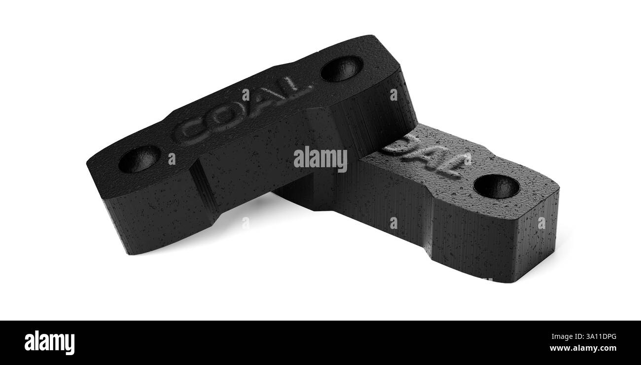 Zwei Schwarzkohlebriketts oder Briketts auf weißem Hintergrund, 3D-Illustration Stockfoto