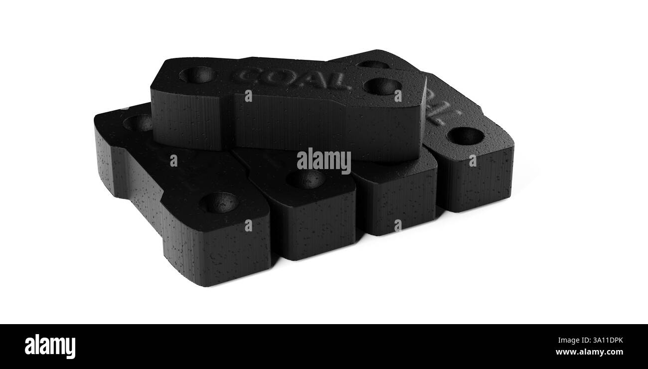 Gestapelte Schwarzkohlebriketts oder Briketts auf weißem Hintergrund, 3D-Illustration Stockfoto