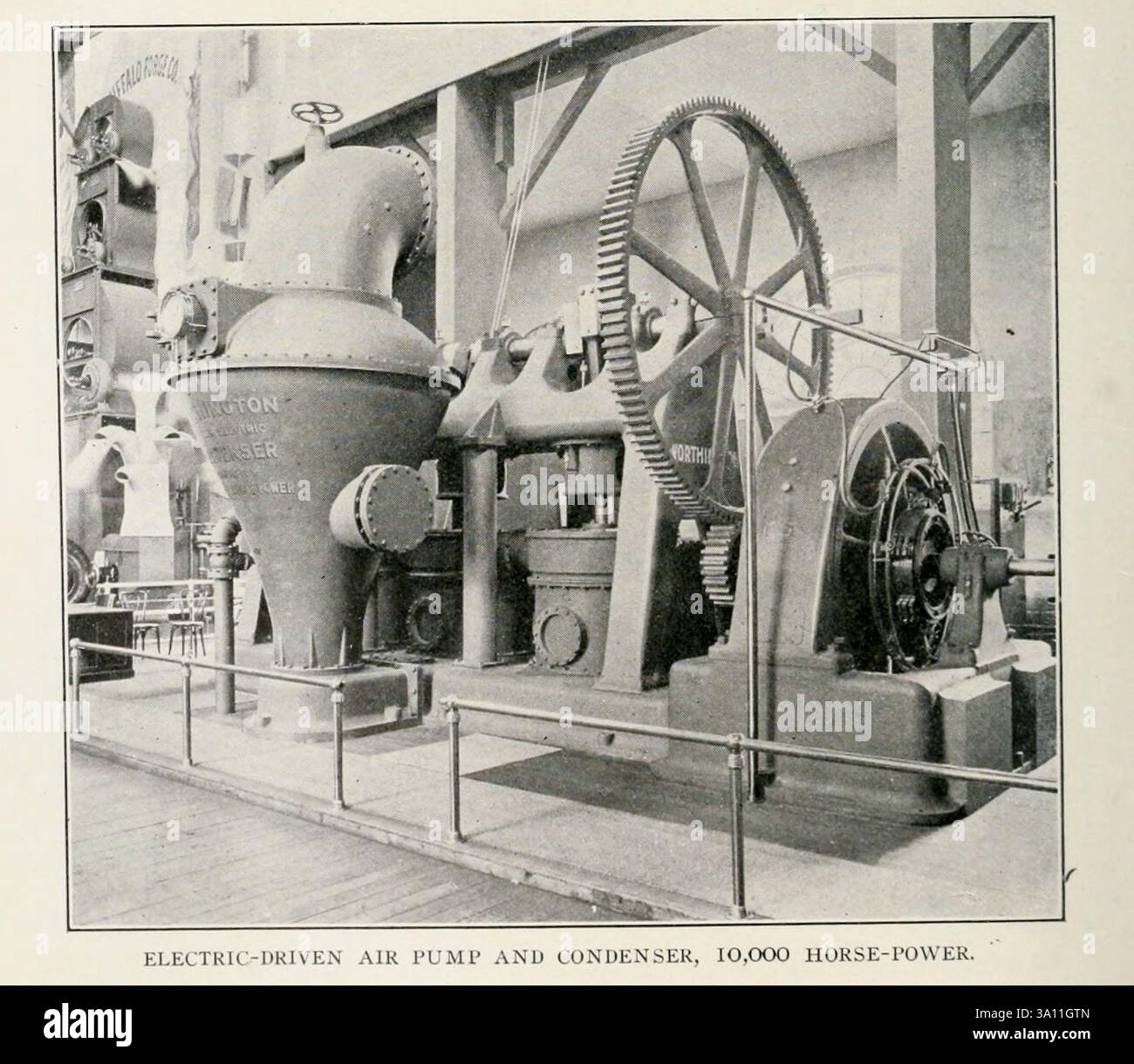 Elektrisch angetriebene Luftpumpe und Kondensator aus dem Artikel MECHANISCHE UND ELEKTRISCHE MERKMALE DER PANAMERIKANISCHEN AUSSTELLUNG 1901. Von William. S. Aldrich. Aus dem Engineering Magazine widmet sich Industrial Progress Band XXI 1901 The Engineering Magazine Co Stockfoto