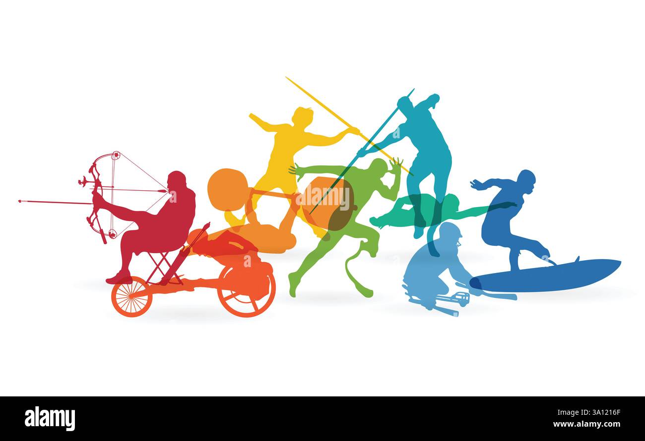 V2 von Sportlern mit Behinderungen, die verschiedene Sports United repräsentieren. Bunte Silhouetten verschiedener Sportsportler mit Behinderungen. Stock Vektor