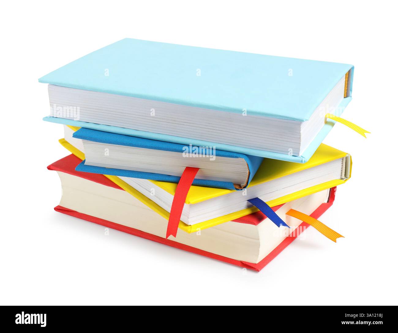 Bücher mit Lesezeichen auf weißem Band Stockfoto