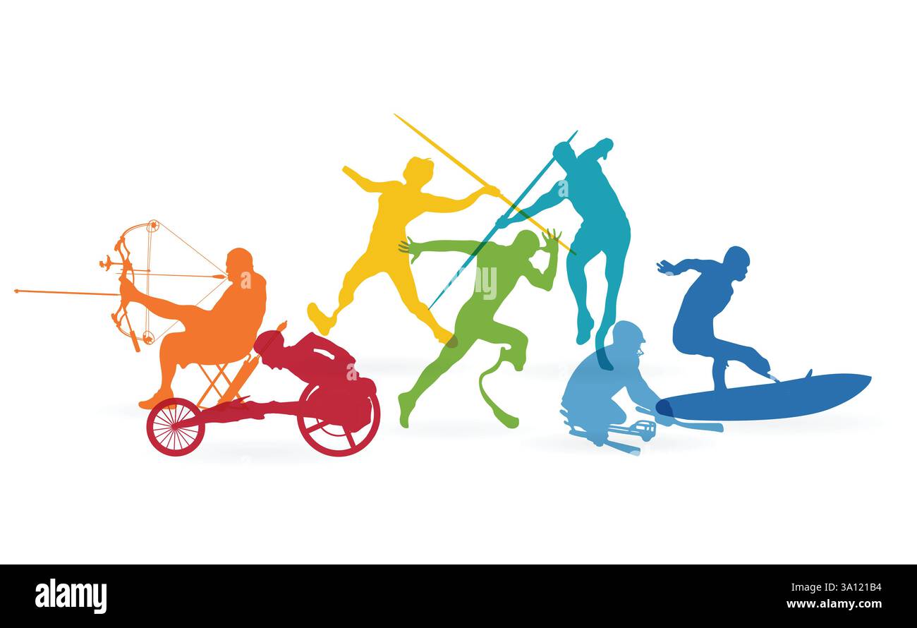 Sportler mit Behinderungen repräsentieren verschiedene Sportarten United. Bunte Silhouetten verschiedener Sportsportler mit Behinderungen, Leichtathletik und Spielfeld, ja Stock Vektor