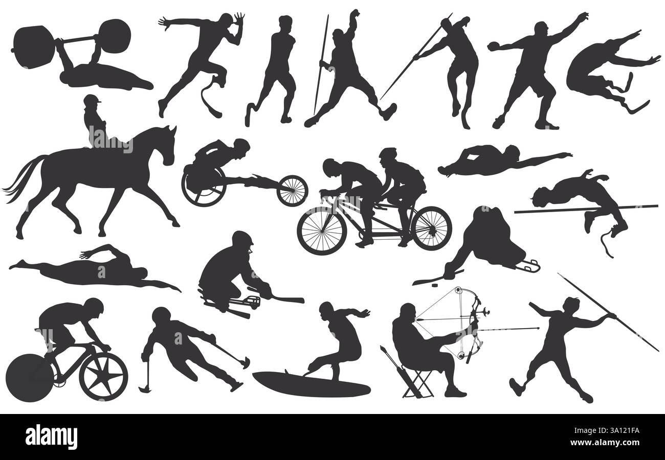 Set von 20 männlichen Athleten mit Behinderung Vol. 2. Durchgehende Symbole ausschneiden. Männer Sport Spieler Silhouetten Vektor Illustration. Stock Vektor