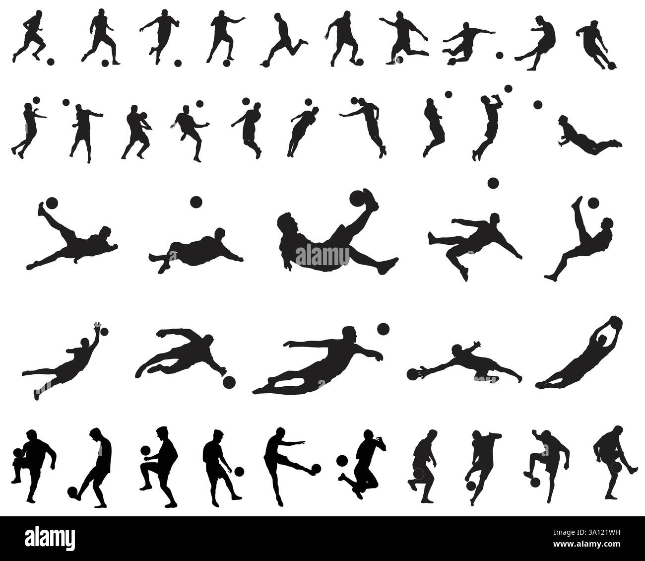 Ein Satz von 40 Silhouetten von Fußballspielern, Ausschnitte, Vektorsymbole in verschiedenen Posen Stock Vektor