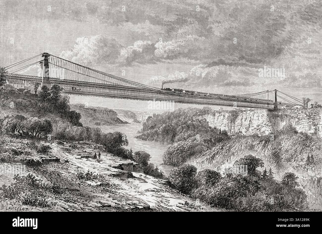 Die Niagarafälle Hängebrücke über den Fluss Niagra. Zwischen 1855 -1897 war sie die weltweit erste funktionierende Eisenbahnhängebrücke. Von Voyage dans l'Amerique Septentrionale von M. L. Deville, Etats-Unis et Canada, 1854 - 1855 oder Reise nach Nordamerika von M. L. Deville, USA und Kanada, 1854 - 1855. In Le Tour du Monde, veröffentlicht 1861. Stockfoto