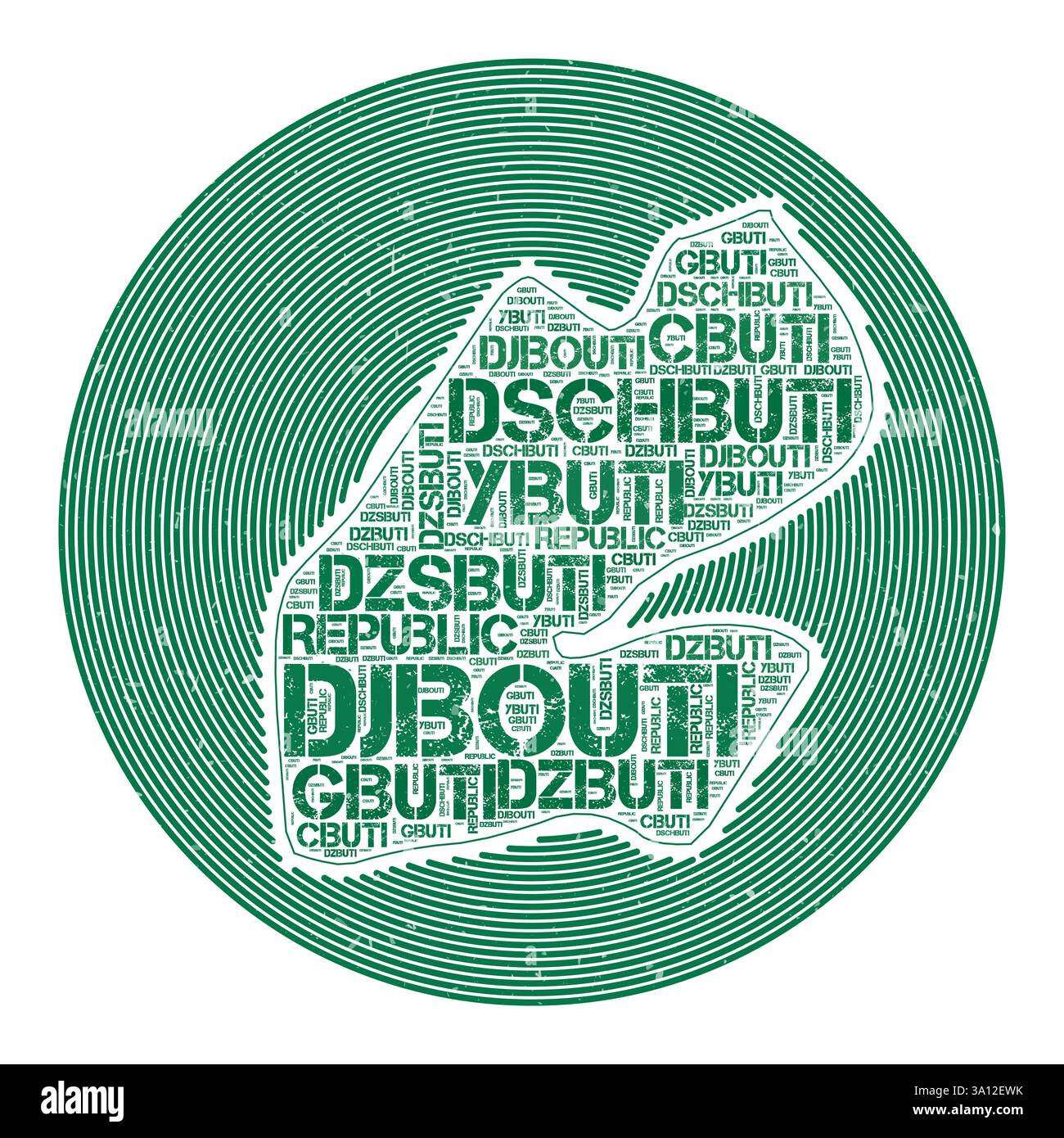 Dschibuti Vektorbild. Country Round-Logo-Design. Dschibuti-Poster in Kreisbögen und Wordwolken-Stil. Illustration des Strahlungsvektors. Stock Vektor