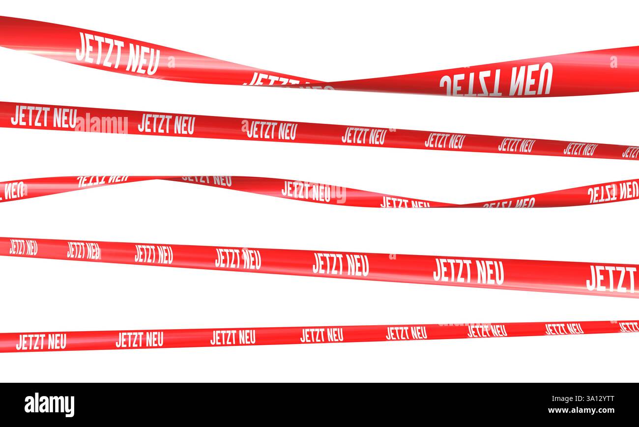 Rote Bänder mit jetzt neu-Schild, das auf transparentem Hintergrund schwenkt 3D Stockfoto