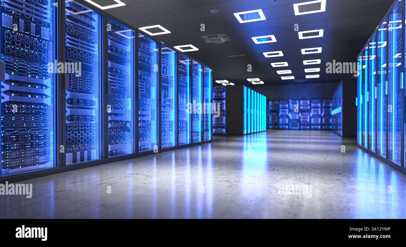 Moderner Serverraum, Rechenzentrum, blauer 3D-Hintergrund Stockfoto