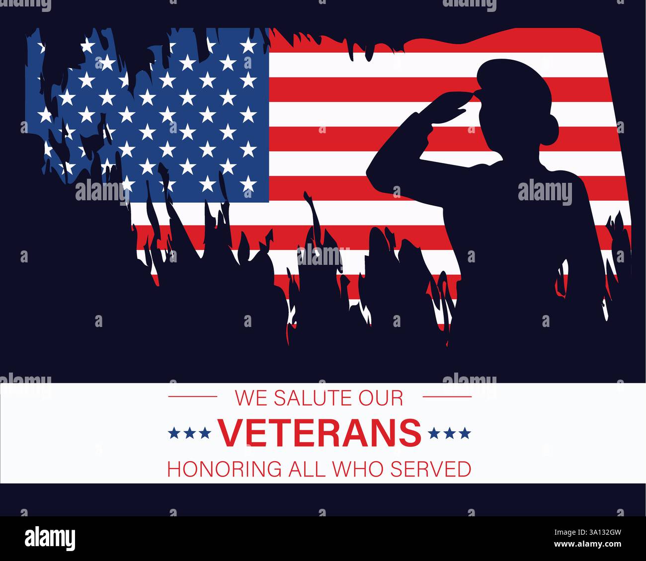 Wir grüßen unsere Veteranen und ehren alle, die gedient haben. Eine Veteranin, die amerikanische Flagge anspricht. Stock Vektor