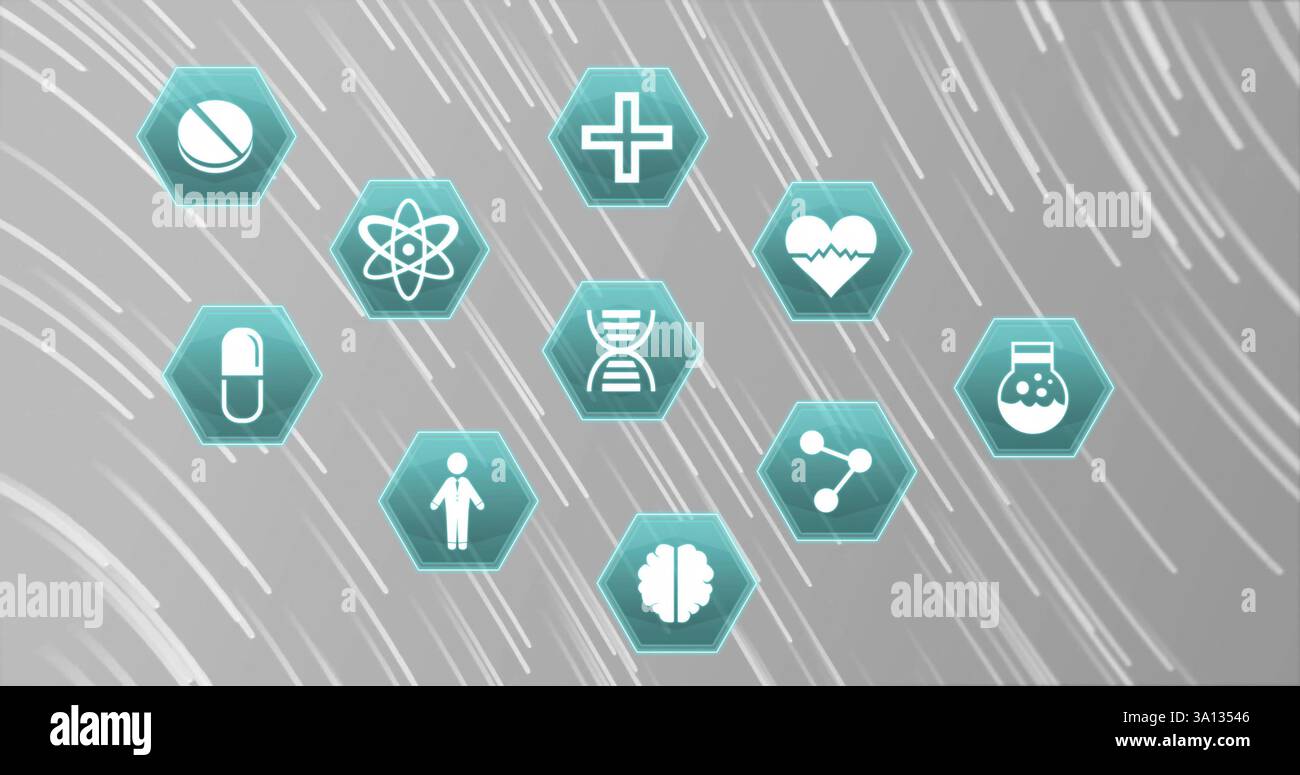 Bild von Symbolen und Formen der Medizin auf grauem Hintergrund Stockfoto