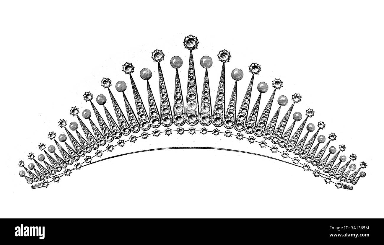 Diadem mit Diamanten und Perlen, viktorianische Schmuckgeschichte, Vintage-Illustration, 1890er Jahre, 19. Jahrhundert Stockfoto