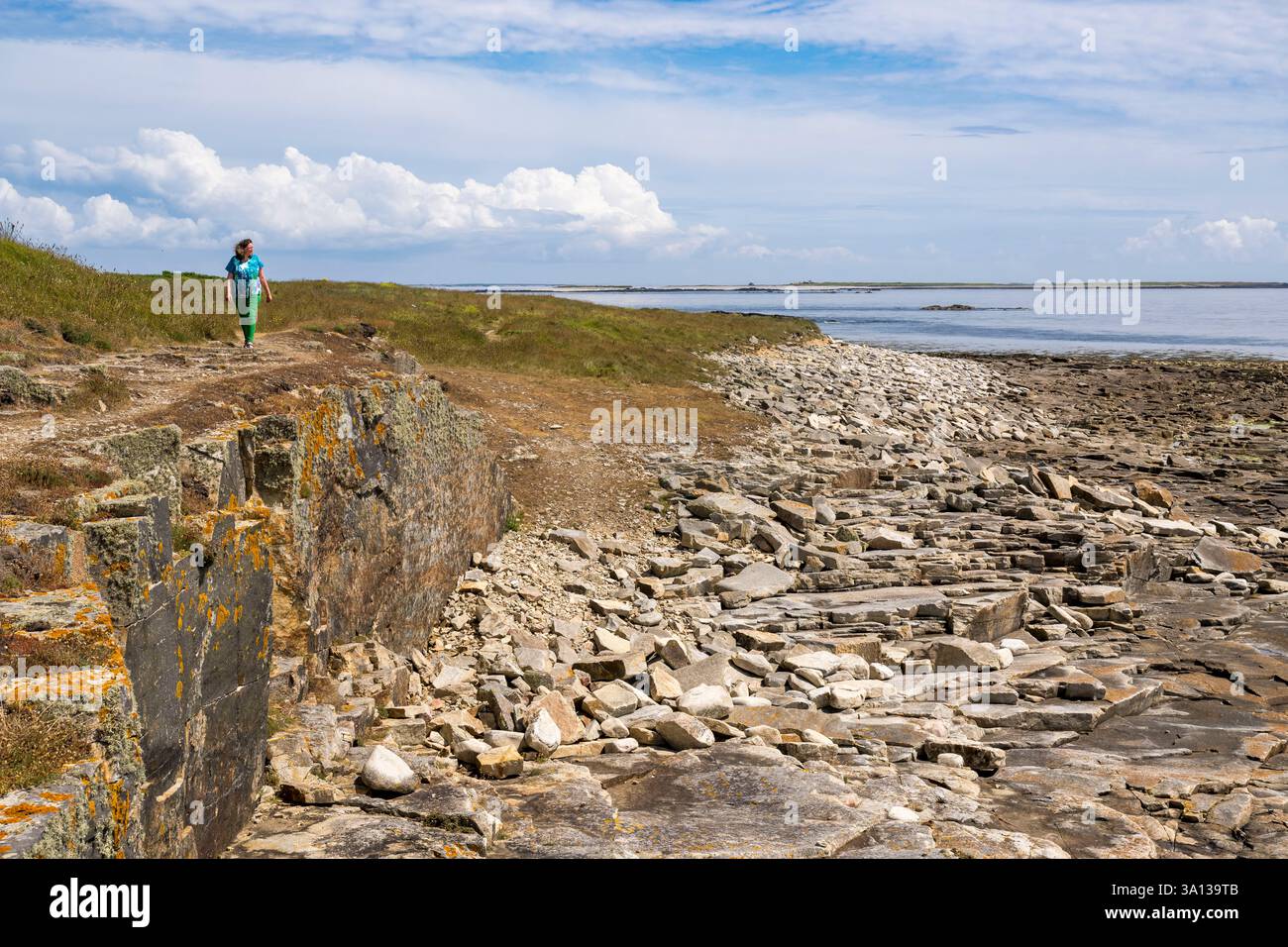Frankreich, Finistère, Iroise Sea, Molene Island, Christine Demeure, die während ihres täglichen Spaziergangs an der wilden Westküste, dem Ufer von Flat Stones, das einzige Lebensmittelgeschäft auf der Insel verwaltet Stockfoto