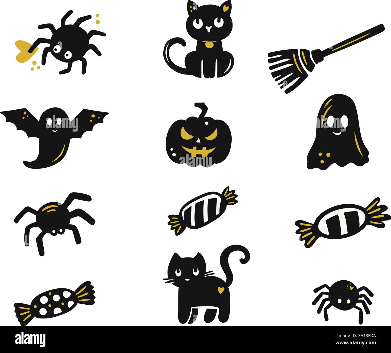 Gruseliges und niedliches Halloween Clipart Set mit schwarzen Katzen, Spinnen, Kürbissen, Fledermäusen und Süßigkeiten in Einer handgezeichneten Vektor-Illustration Stock Vektor