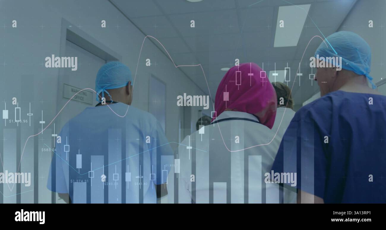 Bild von Diagrammen über verschiedene Ärzte, die im Krankenhaus laufen Stockfoto