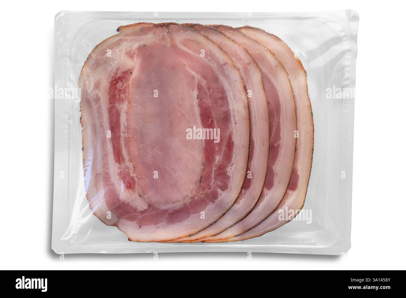 Porchetta-Bratscheiben in durchsichtiger Kunststoffschale zum Verkauf, isoliert auf weiß mit Schnittpfad enthalten Stockfoto