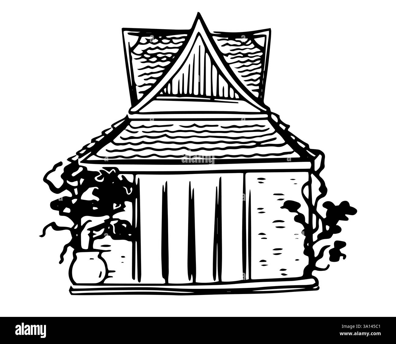 Thai-Haus Vihara-Vektor-skurrile Linienskizze auf isoliertem Hintergrund Stock Vektor
